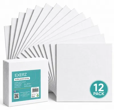 Image de EXERZ, 12 panneaux de toile carrés de 20x20 cm, blancs, d'une épaisseur de 0,3 cm, en toile de coton 100% de 280 g/m². Adaptés aux peintures acryliques et à l'huile