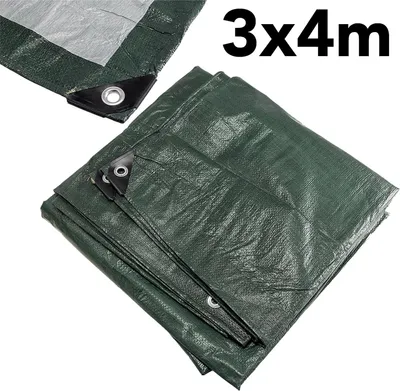 Zdjęcie produktu dla Uniwersalna plandeka materiałowa z oczkami 3x4 m, odporna na rozdarcie, 120 g/m², ciemnozielona