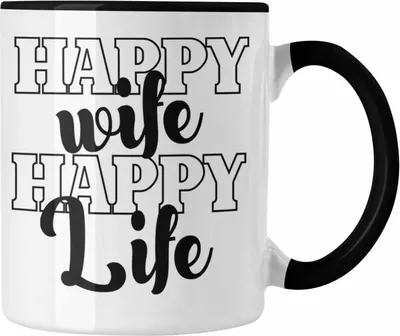 Produktbild von Trendation - Lustige Tasse Geschenk für Ehemann Spruch Happy Wife Happy Life Ehemann Geschenkidee (Schwarz)