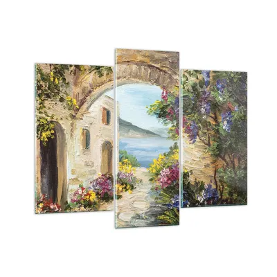 Produktbild von Bilder auf glas - 3 Teile - Haus Santorini Blumen - 130x100cm - Glasbilder - Wandbilder - Bilder - zum Aufhängen bereit - Wanddekoration aus Glas - Glas Bilder - Wandbild auf Glas - GCB130x100-4191