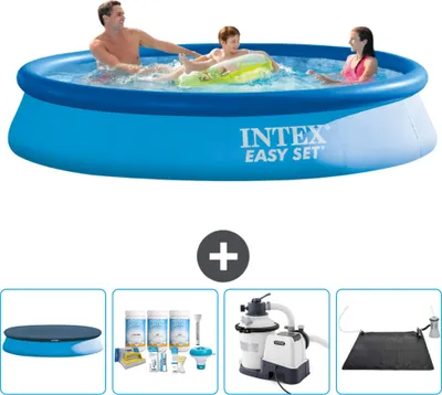 Produktbild von Intex runder aufblasbarer Easy-Set-Pool – 366 x 76 cm – Blau – im Lieferumfang enthalten Abdeckung - Wartungspaket - Filterpumpe für Schwimmbad - Solarmatte