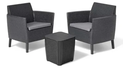 Immagine prodotto di Salotto da esterno in resina effetto rattan 2 poltrone e 1 tavolino con cuscini Salemo Balcony