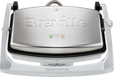 A front view of a Breville DuraCeramic contact grill on a white background.