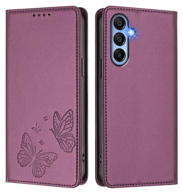 Produktbild von Lederhülle für Samsung Galaxy A15 5G/4G, Schmetterling Prägung Leder Brieftasche Schutzhülle mit Ständer Lila