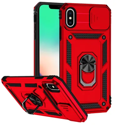 Immagine prodotto di Custodia per iPhone XS / iPhone X a doppio strato con cover fotocamera scorrevole e supporto ad anello rosso