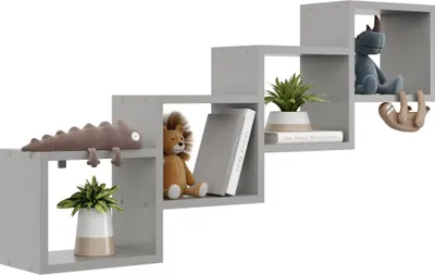 Produktbild von Wandregal für Dachschrägen in Grau – modernes Hängeregal & Bücherregal mit offenem Design, 109 cm breit, ideal für Wohnzimmer & Kinderzimmer