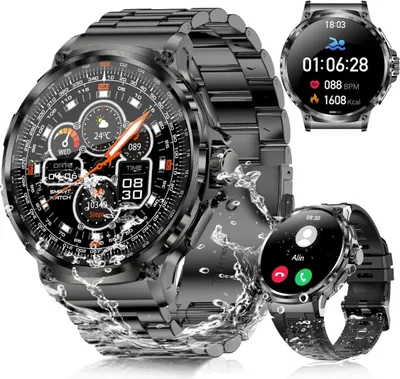 Produktbild von Smartwatch Herren mit 8 RGB Farbe Taschenlampe Militär Smartwatch mit Telefonfunktion IP69 Wasserdicht Outdoor 123 Sportmodi Uhren mit Herzfrequenz