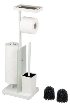 Image de eluno Garniture de WC sur pied 4en1, garniture de WC indépendante y compris brosse de WC, 2 têtes de brosse de rechange, porte-rouleau (de rechange) pour 3 rouleaux, tablette, verre satiné et métal, en blanc