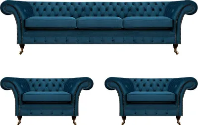 Produktbild von Luxus Blau Wohnzimmer Set Chesterfield Einrichtung Polstermöbel Sofas Textil