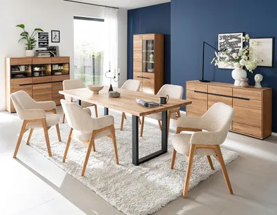 Produktbild von Esszimmer-Set in Eiche teilmassiv mit Esstisch, Vitrinenschränken, Sideboard & Beleuchtung, 4-teilig - AVESTA-06