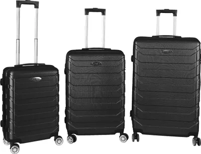 Three black suitcases of varying sizes are displayed against a white background.