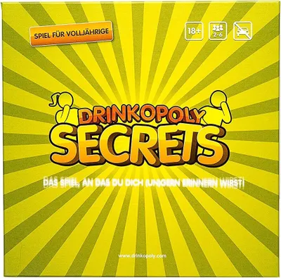 The image shows the front of a board game box with a yellow, sunburst-like background. The game title 'DRINKOPOLY SECRETS' is prominently displayed in large, stylized letters. There are also icons indicating age restrictions and player count, as well as a 