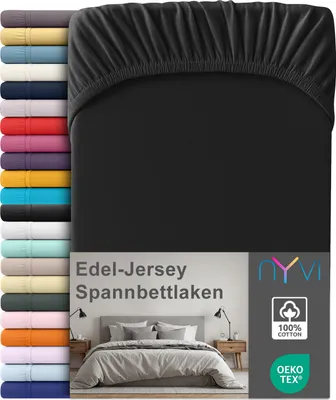 Produktbild von Edel Jersey Spannbettlaken Deluxe für Matratzen bis 25 cm Steghöhe - 100% Baumwolle supergekämmt, 140g/m², Rundumgummizug, Farbe:Schwarz, Größe:90-100 x 220 cm
