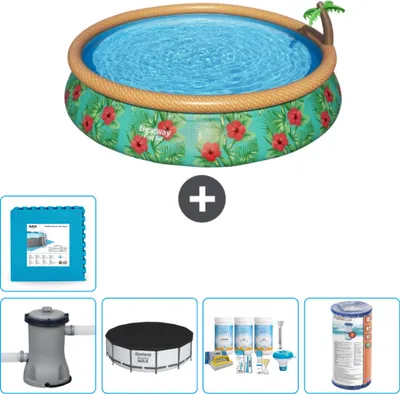 Immagine prodotto di Piscina gonfiabile rotonda Bestway ad ambientazione rapida - Paradise Print - 457 x 84 cm - inclusa copertura della pompa - pacchetto manutenzione - filtro - piastrelle per il pavimento