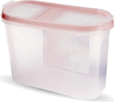 A clear, well-lit studio shot of a transparent plastic food storage container with a pink lid.