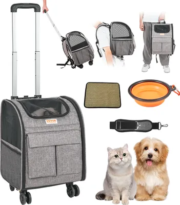 A collage of images showing a pet carrier trolley, a pet carrier backpack, a pet carrier being worn as a backpack, a person holding a pet carrier, a pet mat, a collapsible pet bowl, a shoulder strap, a cat, and a dog.