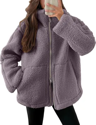 Produktbild von ASKSA Damen Teddy Fleece Jacke Warme Flanell Jacke Dicke Freizeit Winterjacke Einfarbig Fleecejacke mit Taschen Reissverschluss Wintermantel,Lila,XXL