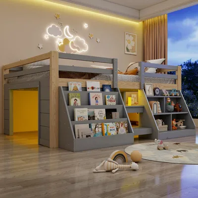 Productafbeelding van Halfhoogslaper 140x200 cm met opbergvakken, LED-verlichting bedienbaar via app met timer, een rondom bevestigde reling en een ladder, gemaakt van grenenhout/MDF, in de kleur grijs/naturel