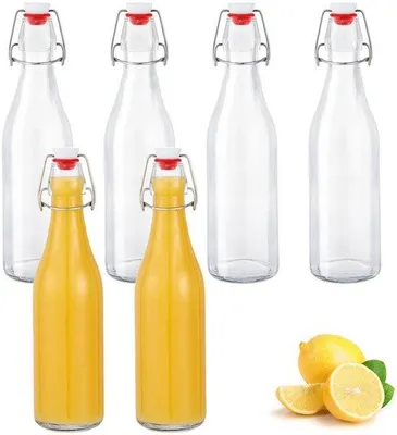Productafbeelding van Set van 6 kleine glazen flessen van 500 ml met beugelsluiting om te vullen, voor olie, azijn, sap en limonade