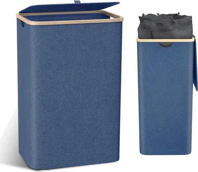 Imagen del producto de Cesta de ropa con tapa, grande, 100 litros, estrecha, con bolsa de ropa extraíble, color azul marino