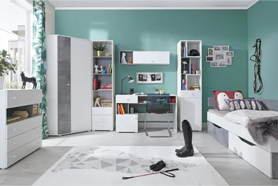 Produktbild von Jugendzimmer Set 7-teilig SEATTLE-133 mit Jugendbett 120x200cm in Beton und weiß