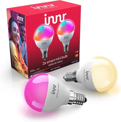 Produktbild von Innr Zigbee Smart Lampe E14 Mini Bulb, funktioniert mit Hue* und Alexa (Bridge erforderlich), White & Color, 16 Millionen Farben, 510 lumen, 2 Stück