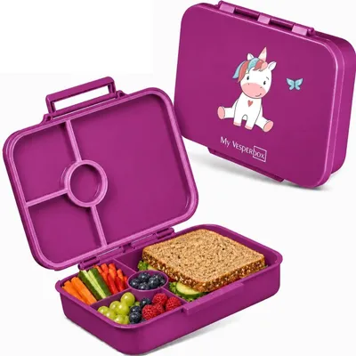 Produktbild von My Vesperbox® Brotdose für Kinder mit Fächern [BIA] - Lunchbox mit Trennfächern - Bento Box - Jausenbox - Brotzeitbox für Schule & Kindergarten - Vesperdose für Jungen & Mädchen – Lila - Einhorn