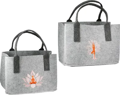 Produktbild von Gilde Tasche, rechteckig, "Namaste", Fraumotiv, Lebensbaummotiv, Lotusmotiv, Filz, hellgrau, VE 4, 2fach sortiert, L. 25 cm, B. 40 cm, H. 26 cm