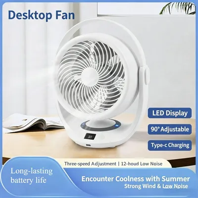 Produktbild von Schreibtisch Umlaufventilator，mit LED-Display,90 ° verstellbare Neigung,3 Windgeschwindigkeiten & 12H Timer,Ruhiger tragbarer Tischlüfter,Typ-C,Weiß.