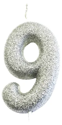Productafbeelding van Glittercijferkaars "9" in zilver met prikker - 7 cm - Verjaardagskandle