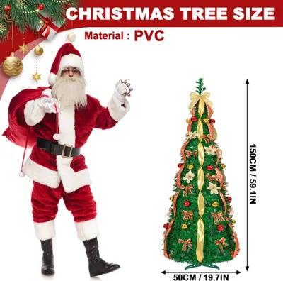 Produktbild von XMTECH Pop Up Weihnachtsbaum 150 cm Dunkelgrün, Künstlicher Tannenbaum mit 100 LED Lichtern (8 Modi), Faltbarer Christbaum mit Rot-Gold-Dekor, für Weihnachtsdekoration Innen & Außen