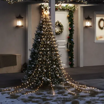 A decorated Christmas tree with lights and a star on top, placed outside a house entrance.