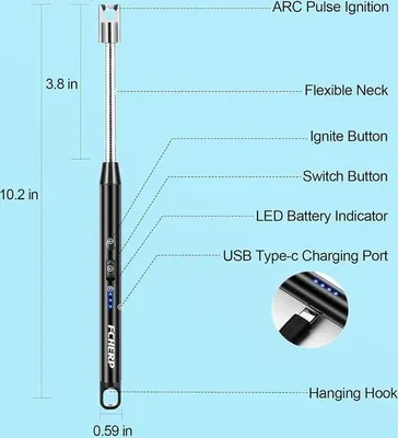 Immagine prodotto di Accendino elettrico di alta qualità, ricaricabile tramite USB-C – Collo lungo – Flessibile a 360° – Per candele, fornelli a gas e cucina – Nero