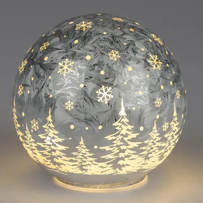 Produktbild von LED Deko Kugel FROSTY WINTERWALD silber zum stellen D. 15cm Glas Formano W25