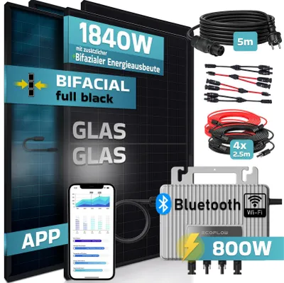 Produktbild von SUNNIVA® 1840W Balkonkraftwerk BIFAZIAL FULLBLACK komplett Steckdose ECOFLOW 800W Wechselrichter, PV Solaranlage, 5m Kabel, Bluetooth WIFI