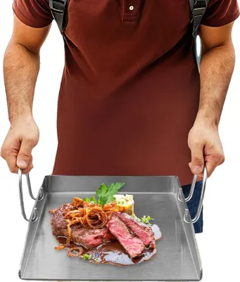 Produktbild von BBQ Grillplatte, Edelstahlmaterial, 4 mm Dicke, passt zu beliebten Grillmodellen, großzügige Kochfläche, enthält 2 Spatel