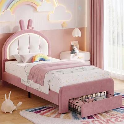 Produktbild von Kinderbett 90x200 cm mit Schublade, Polsterbett mit Hasen-Kopfteil, RGB-System, höhenverstellbar, Samtstoff Rosa, Jugendbett mit Lattenrost, bis 150 kg