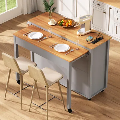 Image de OKWISH Îlot de Cuisine Extensible sur Roulettes - avec Prises, Étagères Réglables et Compartiment Poubelle - MDF Gris - 120x40-75x92 cm