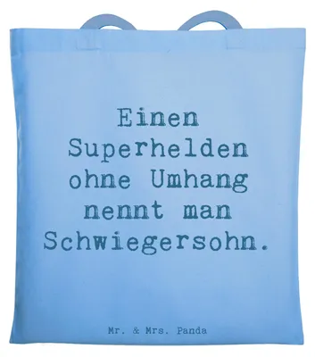 Produktbild von Mr. & Mrs. Panda Jutebeutel Spruch Held Schwiegersohn - Sky Blue - Geschenk, Anerkennung, Schwiegereltern, Verwandte, tragetasche baumwolle, Tasche, Tote Bag, Shopping