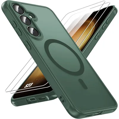 Image de Coque + 2 Verres Trempés pour Samsung Galaxy S23, avec Anneau Magnétique Vitre Caméra - Vert Nuit