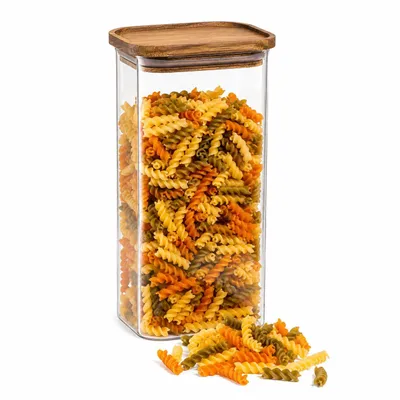 Imagen del producto de Recipiente hermético de vidrio de 2 litros – Contenedor rectangular de almacenamiento con tapa de madera – Ideal para guardar pasta, arroz, cereales y café – Transparente, Imagen generada por IA