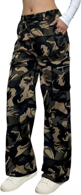 Produktbild von Damen Cargo Hose Weit Bequem Elastisch Grün Camouflage L