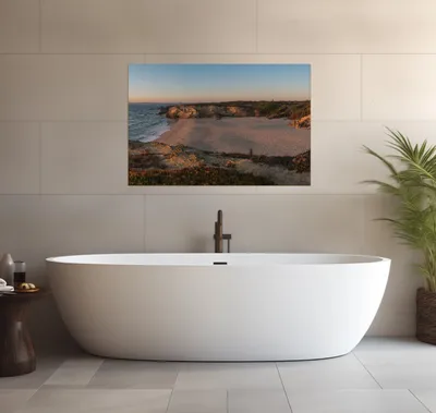 Produktbild von Wallario wasserfestes Poster selbstklebend 91,50 x 61 cm, Sandstrand zwischen Felsen, Badezimmerposter Spritzschutz mit Hochglanzoberfläche in Glasoptik