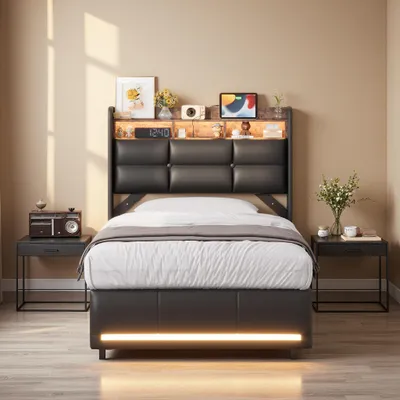 Produktbild von INONEFT Polsterbett 90x200 mit LED und USB, Boxspringbett mit Hydraulisches Bettkasten Jugendbett mit Stauraum Kopfteil, PolyurethanMaterial, Schwarz