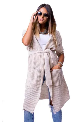 Produktbild von Damen Strickjacke Cardigan mit Bindegürtel; Beige/M/L