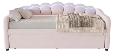 Produktbild von okwish Schlafsofa Daybett 90x200cm mit Ausziehbarem Unterbett 90x190cm und Lattenrost, Tagesbett Kinderbett Jugendbett mit farbwechselndes Umgebungslich(Ohne Matratze)- Rosa