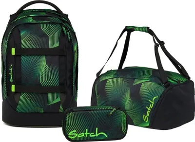 A set of three Satch bags (backpack, duffel bag, and pencil case) with a green geometric pattern on a black background.