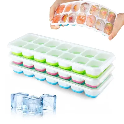 Zdjęcie produktu dla Silikonowe pojemniki na kostki lodu z pokrywką, zestaw 3 sztuk, pojemność na 42 kostki lodu, bez BPA, możliwość układania w stos