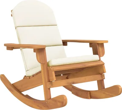 A wooden rocking chair with cream cushions, shown against a white background.