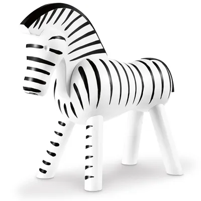 A wooden zebra figurine with black stripes, shown from a side angle on a white background.